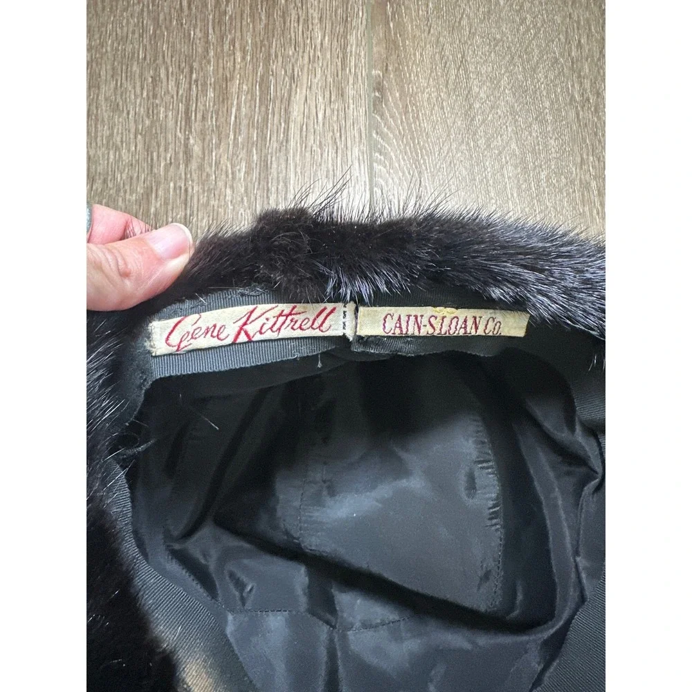 Vintage Gene Kittrell Pillbox Black Fur Mink Hat with Animal‎ Paw Detail Women